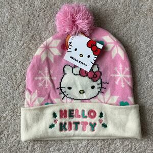 Hello Kitty pink Christmas winter beanie with pompom snowflake print